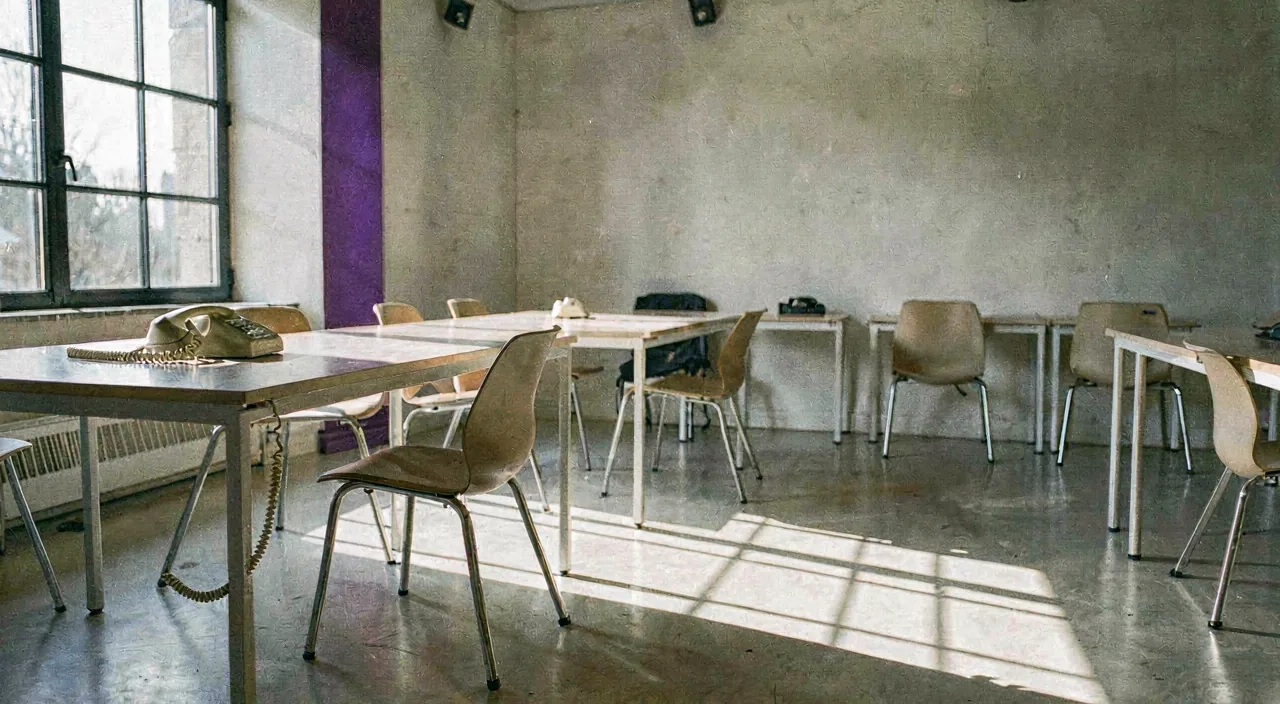 An empty call-centre room with one telephone left on a desk