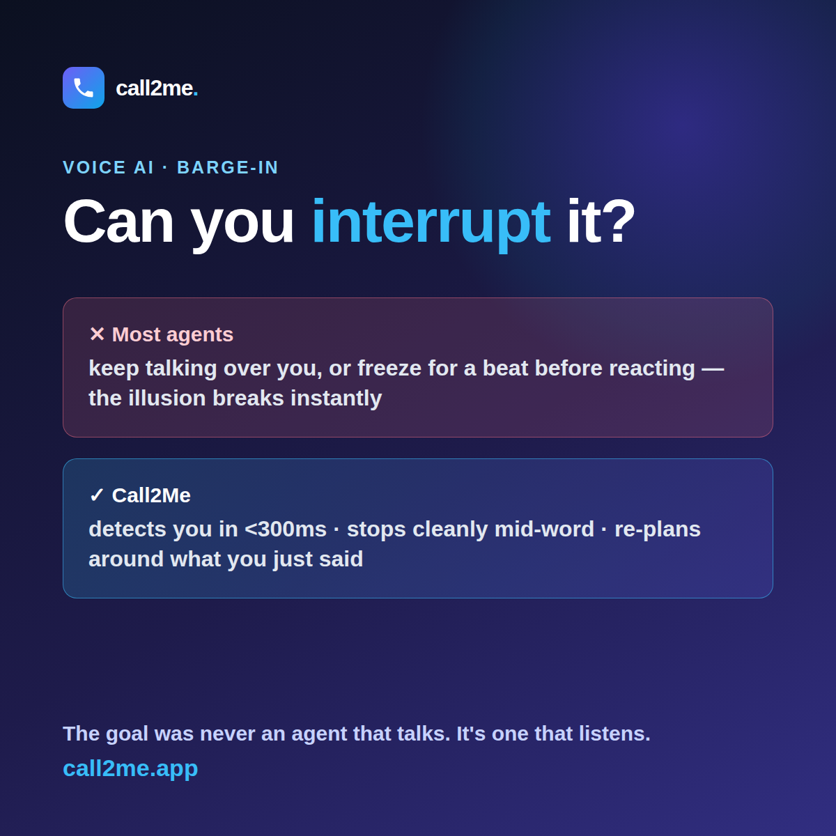 A caller interrupting an AI voice agent that stops mid-sentence to listen