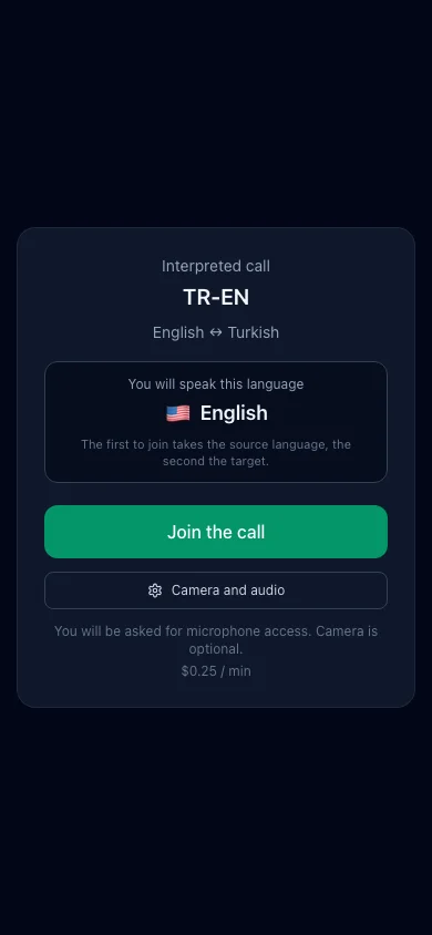 The interpreter room page on a phone: Turkish to English, a Join the call button